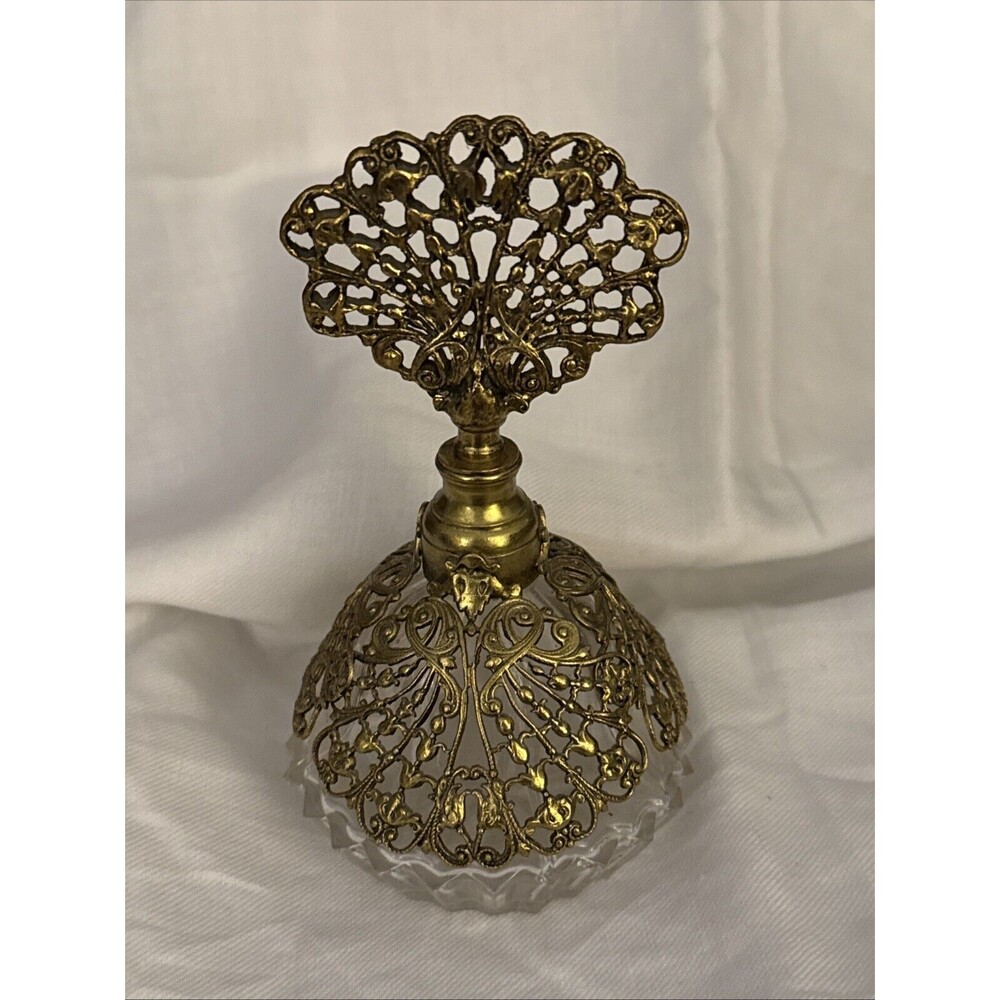 Ormolu Gold Filigree Crystal Perfume Bottle Hollywood Regency 1950’s FAST SHIP!